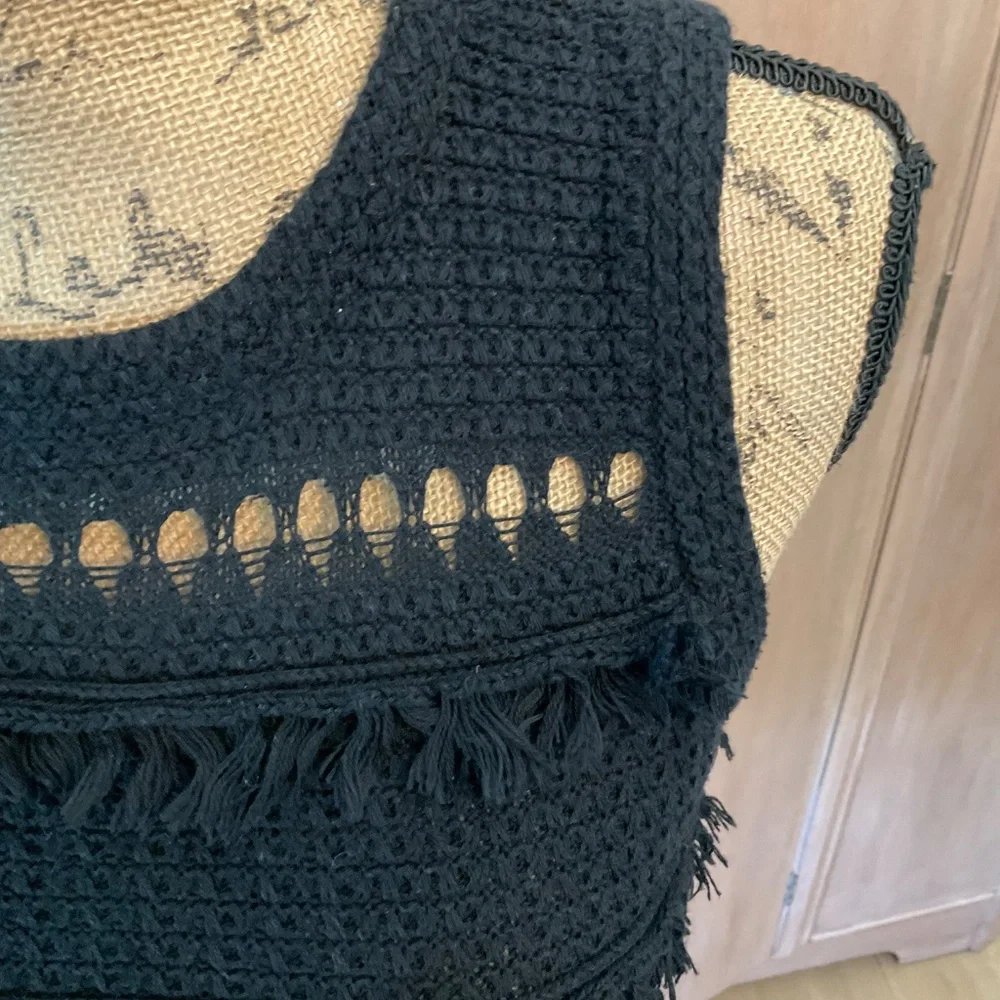 J Crew Factory Black 100% Cotton textured knit top sleeveless fringe Tank small